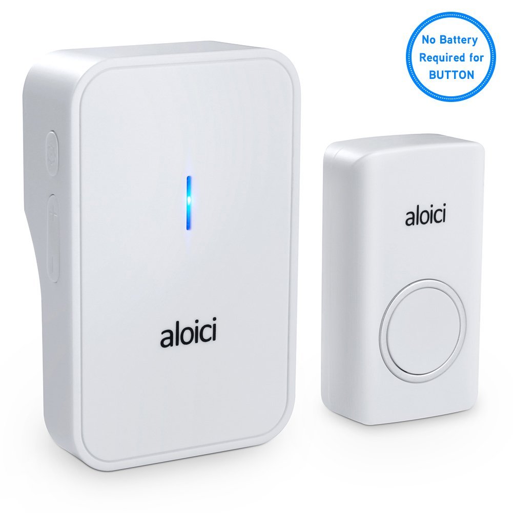 Blue & White 25 Ring Tunes AUGIA  Wireless Doorbell No Battery Required for Receiver IPX7 Waterproof Push Botton Addable Receiver/Chime Self-Powered Batteryless Batteries Free Doorbells Door Bell Loud Sound Volume 